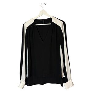 BCBGMaxAzria Black Alaine Long Sleeve V-Neck Blouse with White Stripe Size XS